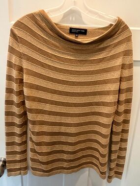 Jones New York Metallic Stripe Sweater Large Gold Shimmer Knit Boat Neck Top